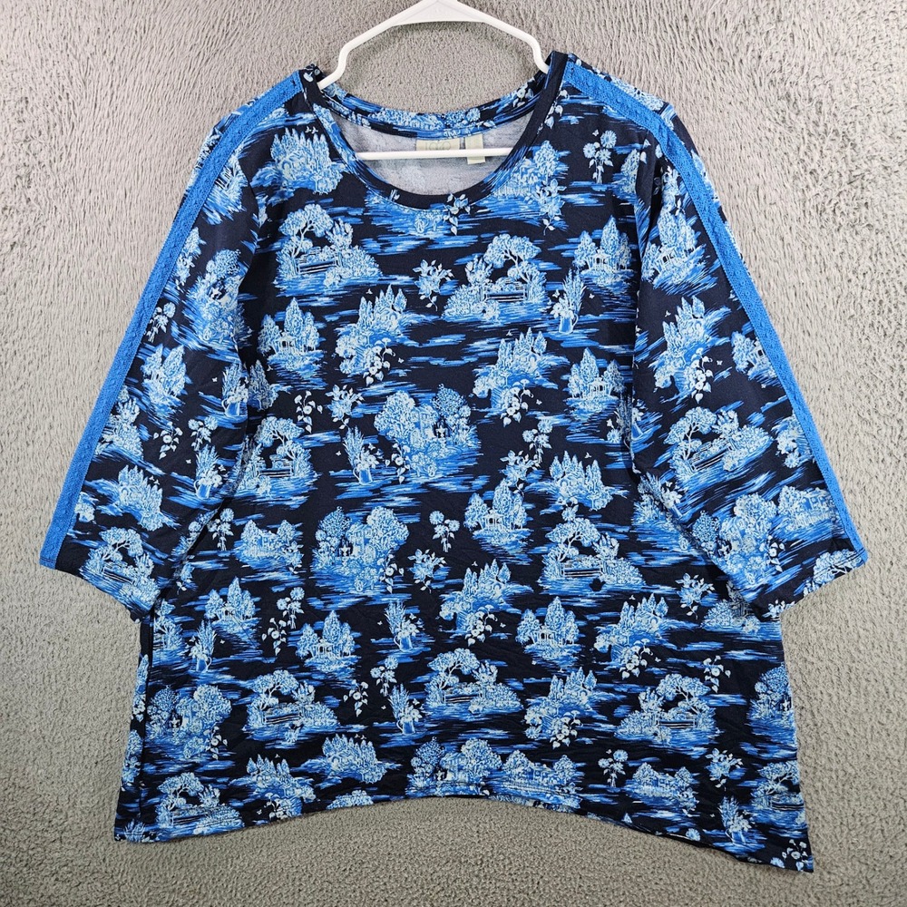 LOGO Lounge Lori Goldstein Blue Toile Print 3/4 Sleeve Pocket Top 1X